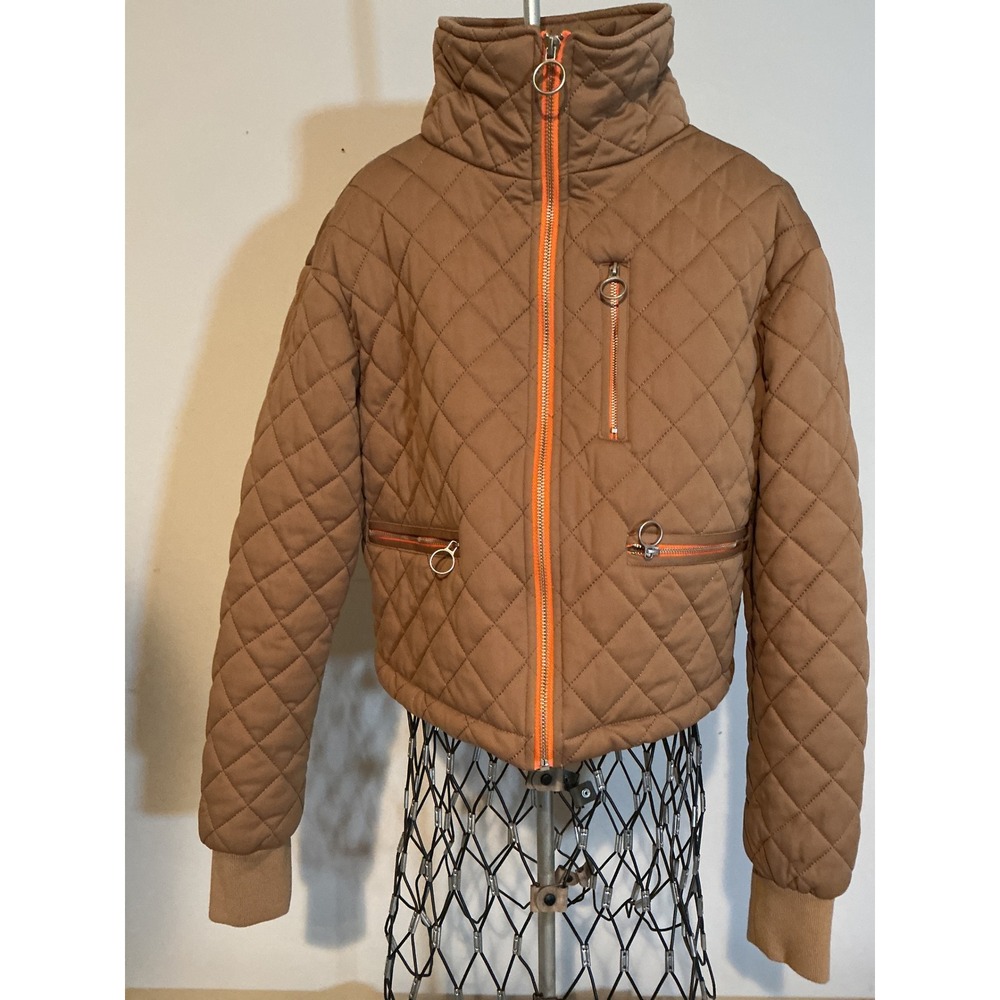 Avec Les Filles Quilted Puffer Jacket Brown Orange Zip Funnel Neck Womens XS